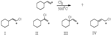 What product(s) would you expect from the following substitution reaction?   A)  I B)  II C)  III D)  IV E)  More than one of the above
