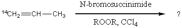 What product(s) would you expect from the following substitution reaction of <sup>14</sup>C-labeled propene?   A)   <sup>14</sup>CH<sub>2</sub>=CH-CH<sub>2</sub>Br alone  B)   <sup>14</sup>CH<sub>2</sub>=CH-CH<sub>2</sub>Br and CH<sub>2</sub>=CH-<sup>14</sup>CH<sub>2</sub>Br in equal amounts C)  CH<sub>2</sub>=CH-<sup>14</sup>CH<sub>2</sub>Br alone  D)   More <sup>14</sup>CH<sub>2</sub>=CHCH<sub>2</sub>Br but a little CH<sub>2</sub>=CH-<sup>14</sup>CH<sub>2</sub>Br  E)   More CH<sub>2</sub>=CH<sup>14</sup>CH<sub>2</sub>Br but a little <sup>14</sup>CH<sub>2</sub>=CHCH<sub>2</sub>Br 