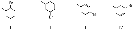 Treatment of 4-methylcyclohexene with N-bromosuccinimide in CCl<sub>4</sub> would yield mainly:   A)  I B)  II C)  III D)  IV E)  All of the above