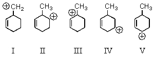 Which carbocation would be most stable?   A)  I B)  II C)  III D)  IV E)  V