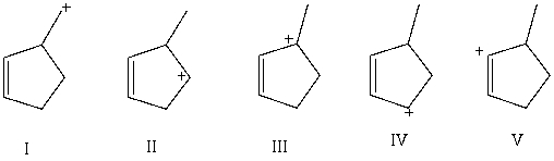 Which carbocation would be most stable?   A)  I B)  II C)  III D)  IV E)  V