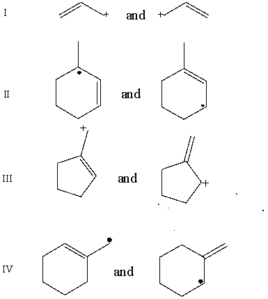 Which pair does not represent a pair of resonance structures?   A)  I B)  II C)  III D)  IV E)  All of these represent pairs of resonance structures.