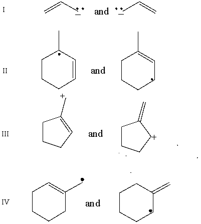 Which pair does not represent a pair of resonance structures?   A)  I B)  II C)  III D)  IV E)  All of these represent pairs of resonance structures.