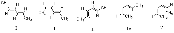 Considering both configurational and conformational factors,select the most stable form of 2,4-hexadiene.   A)  I B)  II C)  III D)  IV E)  V