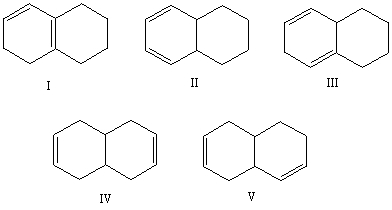 Which alkene would you expect to have the lowest heat of hydrogenation?   A)  I B)  II C)  III D)  IV E)  V