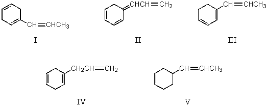 Which compound would have a UV absorption band at longest wavelength?   A)  I B)  II C)  III D)  IV E)  V