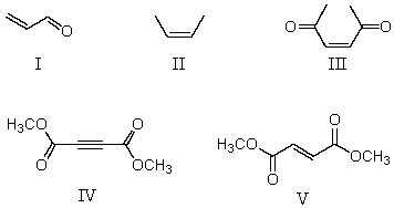From the standpoint of reactivity,which is the poorest choice of dienophile to react with 2,3-dimethyl-1,3-butadiene in a Diels-Alder reaction?   A)  I B)  II C)  III D)  IV E)  V