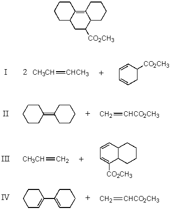 Which of the following pairs of compounds could be used as the basis for a Diels-Alder synthesis of the compound shown below?   A)  I B)  II C)  III D)  IV E)  More than one of the above