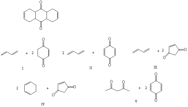 Which of the following pairs of compounds could be used as the basis for a Diels-Alder synthesis of the compound shown below?   A)  I B)  II C)  III D)  IV E)  V
