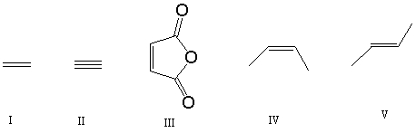 Which of the following dieneophiles is most reactive in a Diels-Alder reaction:   A)  I B)  II C)  III D)  IV E)  V