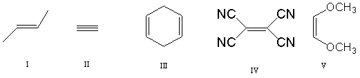 Which of the following dieneophiles is most reactive in a Diels-Alder reaction:   A)  I B)  II C)  III D)  IV E)  V