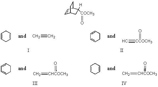 Which diene and dienophile would you choose to synthesize the following compound?   A)  I B)  II C)  III D)  IV E)  None of these