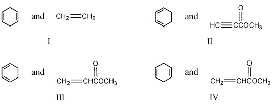 Which diene and dienophile would you choose to synthesize the following compound?     A)  I B)  II C)  III D)  IV E)  None of these