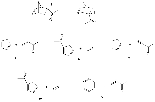 Which diene and dienophile would you choose to synthesize the following compound?   A)  I B)  II C)  III D)  IV E)  None of these