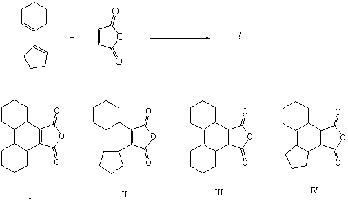 What is the product of the following Diels-Alder cycloaddition reaction:   A)  I B)  II C)  III D)  IV E)  None of these