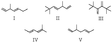 Which of these dienes can undergo a Diels-Alder reaction?   A)  I and V B)  I,II and V C)  III D)  IV E)  III and IV