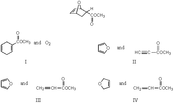 Which diene and dienophile would you choose to synthesize the following compound?   A)  I B)  II C)  III D)  IV E)  None of these