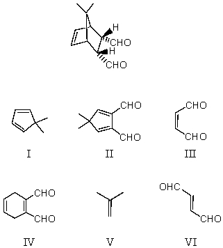 Which diene and dienophile would you choose to synthesize the following compound?   A)  I and VI B)  II and V C)  III and IV D)  IV and V E)  I and III