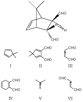 Which diene and dienophile would you choose to synthesize the following compound?   A)  I and VI B)  II and V C)  III and IV D)  IV and V E)  I and III