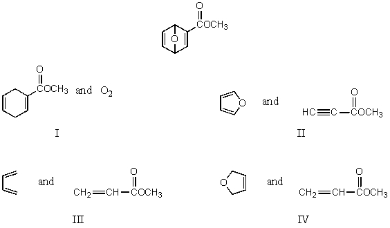 Which diene and dienophile would you choose to synthesize the following compound?   A)  I B)  II C)  III D)  IV E)  None of these