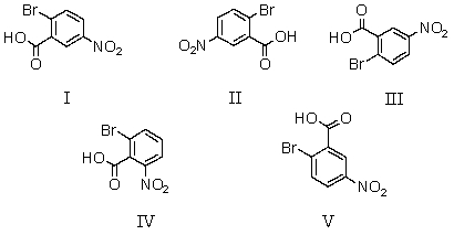 Which of the following is NOT 2-bromo-5-nitrobenzoic acid?   A)  I B)  II C)  III D)  IV E)  V