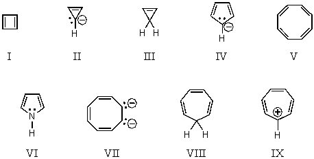 On the basis of molecular orbital theory and Hückel's rule,which molecules and/or ions should be antiaromatic?   A)  I and V B)  I and II C)  III and VIII D)  IV,VII and IX E)  IV,VI,VII and IX