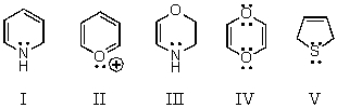 Which of these species is aromatic?   A)  I B)  II C)  III D)  IV E)  V