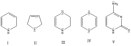 Which of these species is aromatic?   A)  I B)  II C)  III D)  IV E)  V