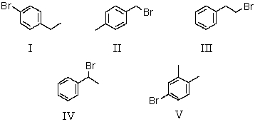 Which of the following substances,formula C<sub>8</sub>H<sub>9</sub>Br,might exhibit the following <sup>1</sup>H NMR spectrum ?  triplet, \delta  2.8 Triplet, \delta  4.65 Multiplet, \delta  7.2   A)  I B)  II C)  III D)  IV E)  V 