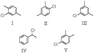 Which of the following substances,C<sub>8</sub>H<sub>9</sub>Cl,would exhibit five signals in its <sup>13</sup>C NMR spectrum?   A)  I B)  II C)  III D)  IV E)  V