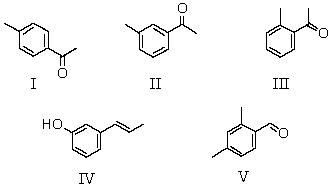 For which of the following substances,C<sub>9</sub>H<sub>10</sub>O,would the aromatic multiplet,in its <sup>1</sup>H NMR spectrum,consist of two doublets?   A)  I B)  II C)  III D)  IV E)  V