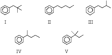 The reaction of benzene with (CH<sub>3</sub>) <sub>3</sub>CCH<sub>2</sub>Cl in the presence of anhydrous aluminum chloride produces principally which of these?   A)  I B)  II C)  III D)  IV E)  V