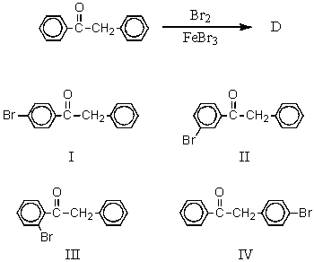 The major product(s) ,D,of the following reaction,   would be: A)  I B)  II C)  III D)  IV E)  Approximately equal amounts of I and II