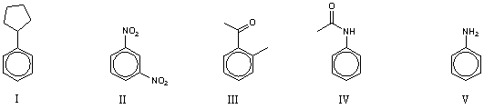 Which of the following compounds would be most reactive toward electrophilic substitution?   A)  I B)  II C)  III D)  IV E)  V