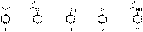 Which of the following compounds would be most reactive toward ring nitration?   A)  I B)  II C)  III D)  IV E)  V