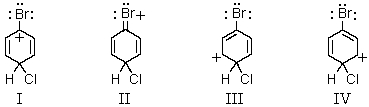 Which of the following structures contribute(s) to the resonance hybrid of the intermediate formed when bromobenzene undergoes para-chlorination?   A)  I B)  II C)  III D)  IV E)  All of the above