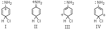Which of the following contributors to the resonance stabilized hybrid formed when aniline undergoes para-chlorination would be exceptionally stable?   A)  I B)  II C)  III D)  IV E)  None of these