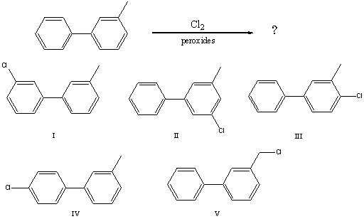 What would you expect to be the major product obtained from the following reaction?   A)  I B)  II C)  III D)  IV E)  V