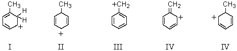 Which of the following structures would not be a contributor to the resonance hybrid of the benzyl cation?   A)  I B)  II C)  III D)  IV E)  V