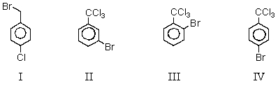 When toluene is reacted in turn with 1) Cl<sub>2</sub> (large excess) ,heat,and light and 2) Br<sub>2</sub>,FeBr<sub>3</sub>,the chief product is:   A)  I B)  II C)  III D)  IV E)  A mixture of III and IV