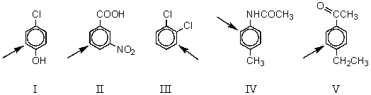Each of the five disubstituted benzenes shown below is nitrated.In which of these cases does the arrow not indicate the chief position of nitration.   A)  I B)  II C)  III D)  IV E)  V