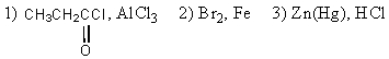 The compound 4-bromo-1-propylbenzene is best made from benzene by the application of these reagents in the order shown: A)  (1) Br<sub>2</sub>,Fe (2) CH<sub>3</sub>CH<sub>2</sub>CH<sub>2</sub>Cl,AlCl<sub>3</sub> B)  (1) CH<sub>3</sub>CH<sub>2</sub>CH<sub>2</sub>Cl,AlCl<sub>3</sub> (2) Br<sub>2</sub>,Fe C)    D)    E)  (1) (CH<sub>3</sub>) <sub>2</sub>CHCl,AlCl<sub>3</sub> (2) Br<sub>2</sub>,Fe