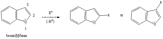 Based on your knowledge of electrophilic aromatic substitution,and assuming the furan ring of benzo[b]furan (shown)is activated toward electrophilic aromatic substituted more so than the benzenoid ring,predict the preferential position of attack of an electrophile,i.e. ,does the electrophile E<sup>+</sup> attack carbon 2,or 3? Explain your answer.   Which substitution product forms preferentially and why?