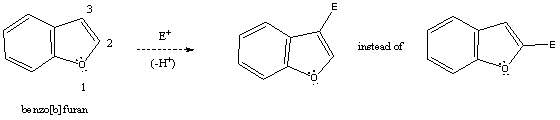 Using a potential energy diagram,explain/illustrate the preferential formation of the 3 substituted product instead of the 2 product in the electrophilic aromatic substitution of benzo[b] furane (shown).  