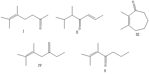 What is the correct structure for 2,3-dimethyl-2-hepten-4-one?   A)  I B)  II C)  III D)  IV E)  V