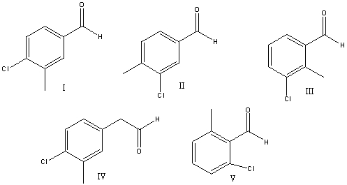 What is the correct structure for 4-chloro-3-methylbenzaldehyde?   A)  I B)  II C)  III D)  IV E)  V