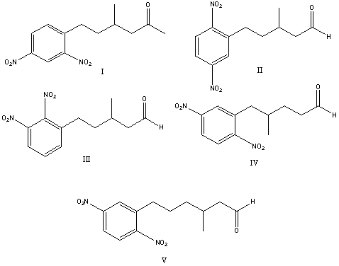 What is the correct structure for 3-methyl-5-(2,5-dinitrophenyl) pentanal?   A)  I B)  II C)  III D)  IV E)  V