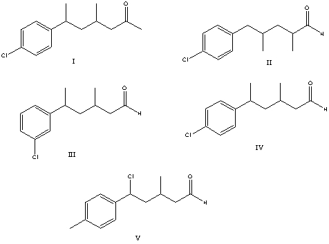 What is the correct structure for 3-methyl-5-(4-chlorophenyl) hexanal?   A)  I B)  II C)  III D)  IV E)  V