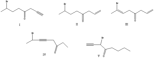 What is the correct structure for 7-bromo-1-octyn-4-one?   A)  I B)  II C)  III D)  IV E)  V