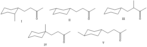 What is the correct structure for 4-(1-methylcyclohexyl) -2-butanone?   A)  I B)  II C)  III D)  IV E)  V